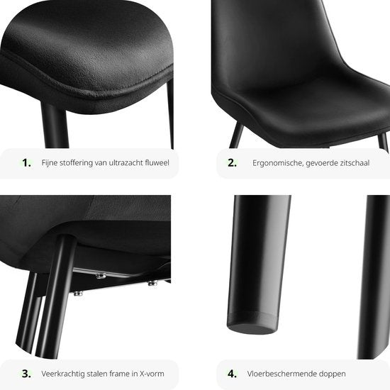 tectake® chaises de salle à manger set of 2, chaises rembourrées en velours avec dossier, chaise de salon ergonomique avec assise rembourrée en velours, chaise de cuisine confortable, pieds en métal noir - noir