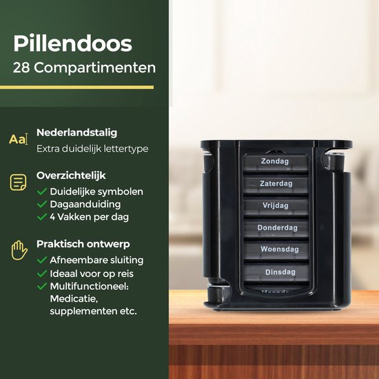 Boîte à pilules Gandria 7 jours - Boîte à pilules amovible - Boîte à médicaments empilable avec 28 compartiments - Boîte à médicaments avec fermeture solide - 4 compartiments par jour - Noir