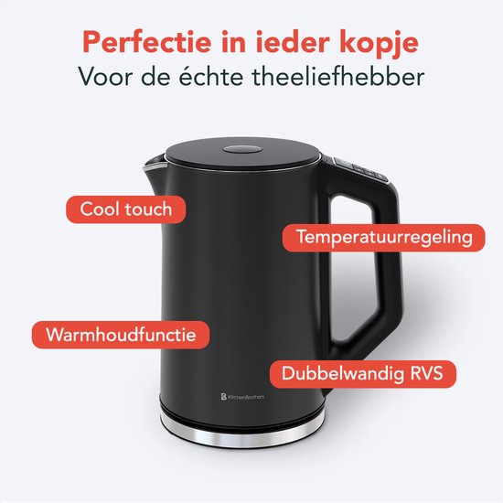 KitchenBrothers Bouilloire - Électrique - 1,5L - 2200W - Contrôle de température réglable - Double paroi - Bouilloire en acier inoxydable - Noir