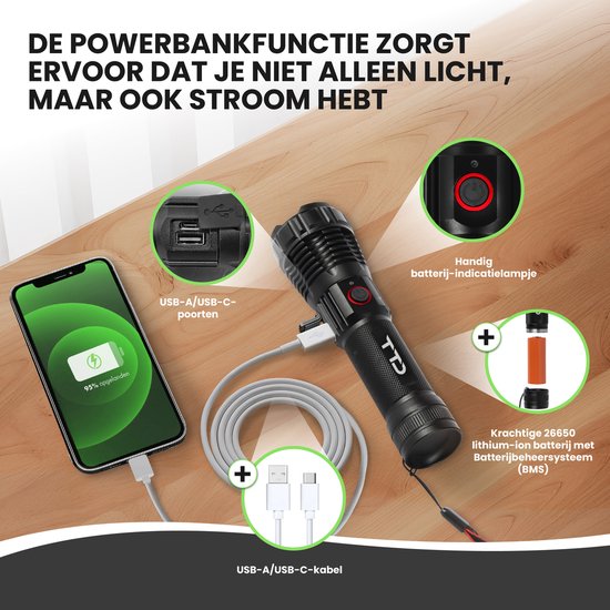 TTD® Military Flashlight LED Rechargeable - Technologie LEP - IP65 Waterproof - 1100 Lumens - 7 Hour Battery - Zoom Function - Powerbank Function - USB Rechargeable