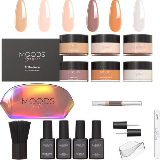 Moods Gellac - Kit de démarrage de poudre à tremper - Coffee Nude - 6 couleurs - Pack de démarrage d'ongles acryliques - Ongles à tremper