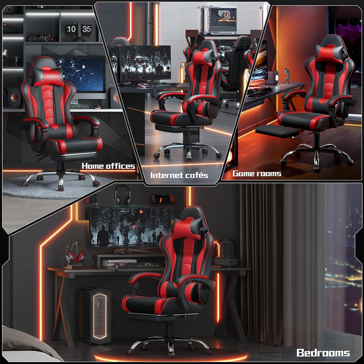 Fauteuil gaming ergonomique Yaheetech - Repose-pieds et coussin de massage - Noir/rouge