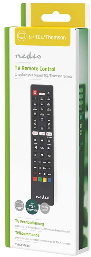 Télécommande de remplacement Nedis - Compatible avec : TCL/Thomson - Préprogrammée - 1 appareil - Bouton Amazon Prime / Netflix / YouTube - Infrarouge - Noir