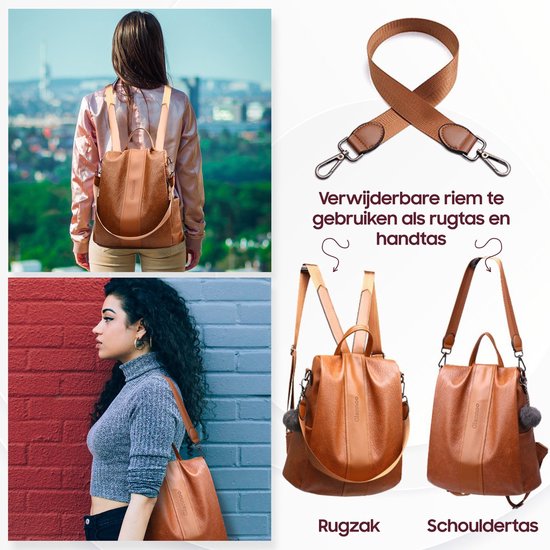 Glennoo Anti-theft Backpack Ladies - Sac à dos pour dames - Cuir PU - Marron