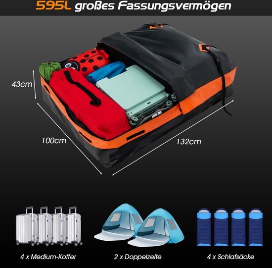 Coffre de toit Coast - étanche - 560 L - pour tous les véhicules - 4,5 kg - 132 x 100 x 43 cm - noir et orange