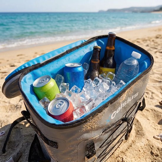 Sac à dos isotherme XCelsius® 20 litres – Sac à dos isotherme avec 2 blocs réfrigérants et un décapsuleur – Au moins 24 heures de fraîcheur – 100 % étanche – Sac à dos isotherme pour la plage, les festivals, le bateau et le camping – Gris