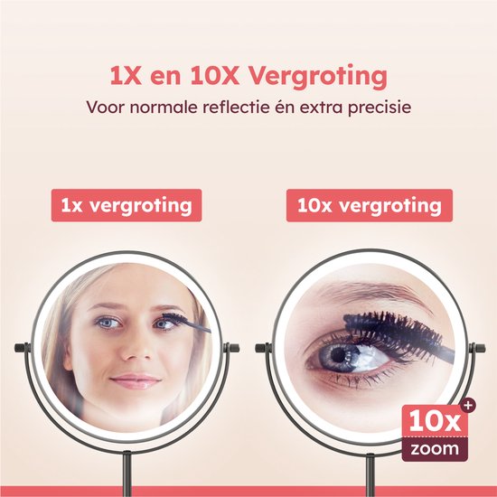 Fraay® Miroir de maquillage avec éclairage LED - grossissement 10x - Miroir grossissant avec lumière - rechargeable - Miroir de rasage - Miroir de salle de bain - noir
