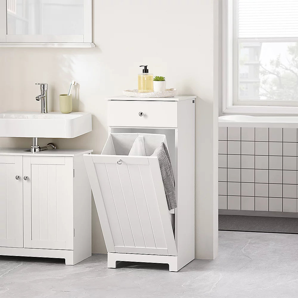 Armoire de salle de bains Sobuy avec panier à linge – Équipée d’un panier à linge amovible, d’une porte et d’un tiroir coulissant – Pour salle de bains et buanderie – MDF laqué blanc – 40 x 38 x 90 cm