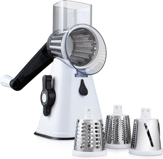 Râpe à tambour Nimma - Comprend 3 accessoires et un couteau en spirale - convient comme moulin à fromage et râpe - Blanc