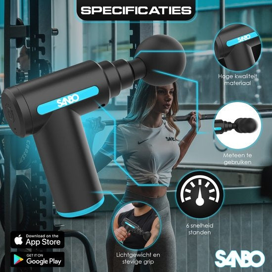 Sanbo Massage Gun Mini - Appareil de massage sportif et de relaxation - puissant - sans fil - étui inclus - avec 5 accessoires - noir/bleu - Massage Gun Professional
