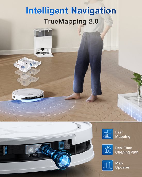 ECOVACS - DEEBOT T50 Omni blanc Gen 2 EU - Robot aspirateur et laveur de sol - Puissance d'aspiration de 21 000 Pa - Robot aspirateur autonettoyant avec système de lavage à l'eau chaude - Station de vidage automatique - Adapté aux poils d'animaux