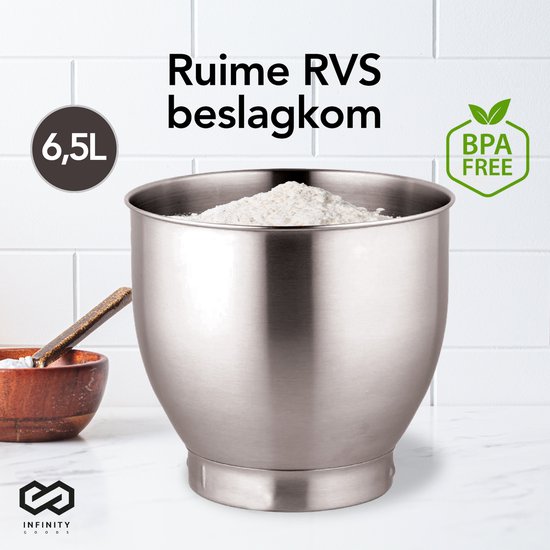 Infinity Goods Robot de cuisine - Mélangeur de cuisine - Bol de mélange en acier inoxydable de 6,5L - Robot de cuisine - Robot ménager - Avec accessoires - 1600W - Noir