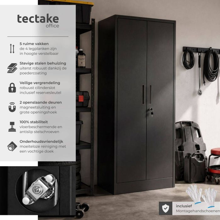 Armoire d'archivage Brandon de tectake – Acier thermolaqué – 60 x 40 x 180,5 cm – Noir