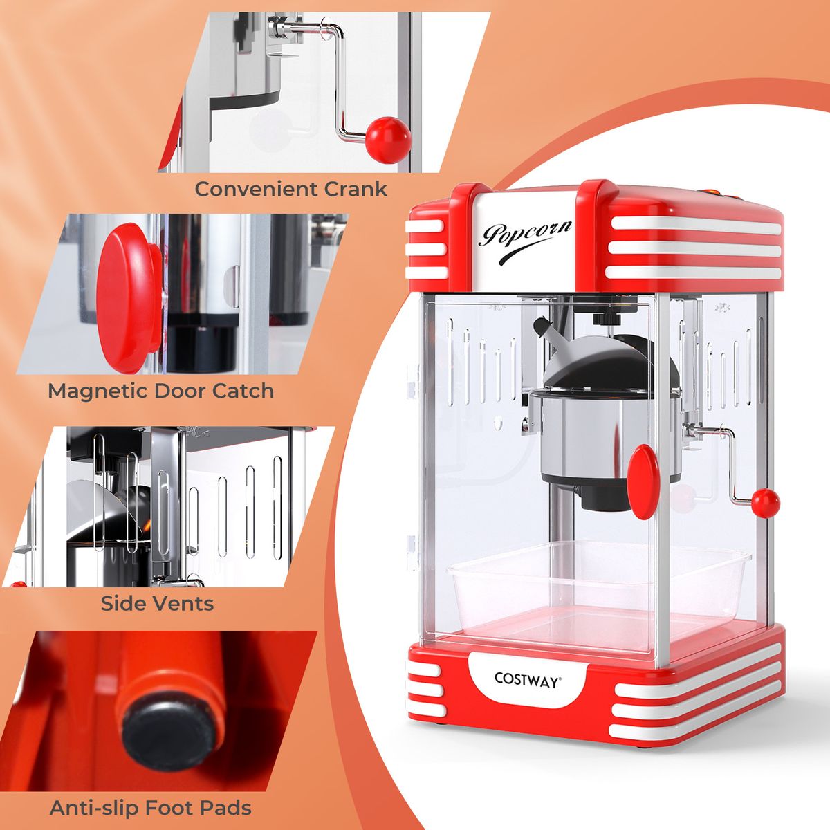 Machine à pop-corn Coast - style cinéma rétro - lampe chauffante - commande manuelle - rouge/blanc