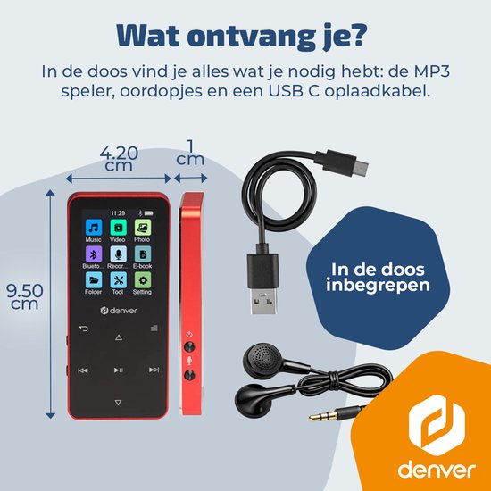 Lecteur MP3/MP4 Denver - Bluetooth - Lecture aléatoire/Répétition - Carte SD jusqu'à 128 Go - Écouteurs inclus - Dictaphone - MP1830R - Rouge