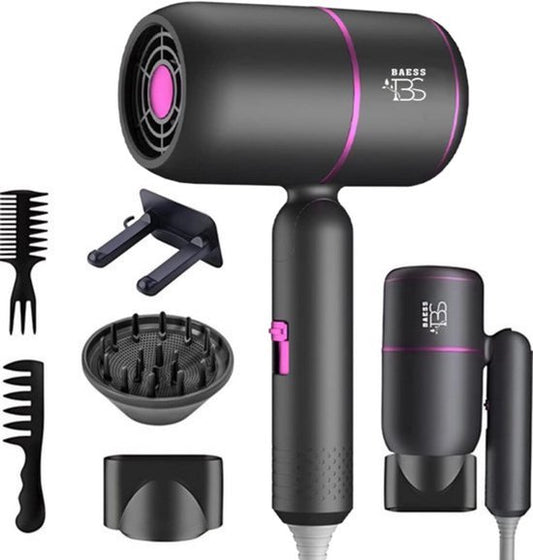 BAESS Sèche-cheveux avec diffuseur - Sèche-cheveux de voyage pliable - Sèche-cheveux ionique - 2000W - Coolshot - Boucles - Sèche-cheveux - Sèche-cheveux - Gris