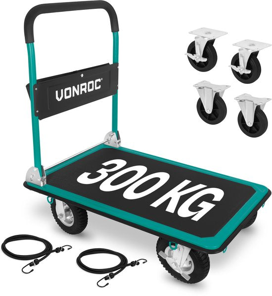 Chariot à plateau VONROC Premium – avec pneus gonflables – pliable – capacité de charge max. 300 kg – grande surface de chargement 90 x 60 cm – sangles de fixation incluses