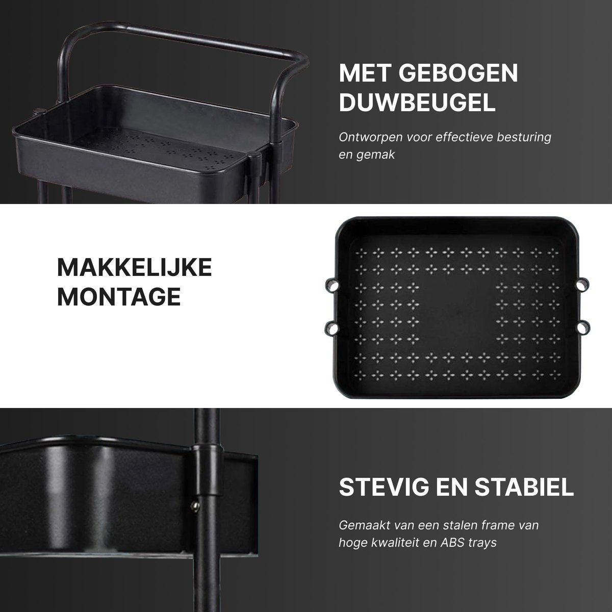 O'DADDY® Chariot de cuisine sur roulettes - chariot de service - chariot de cuisine noir - mobile et fixe - 3 étages - 86 x 43 x 36 cm