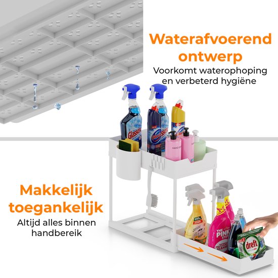 Posity Rangement pour évier - Rangement pour armoire de cuisine - Tiroir coulissant - Rangement pour armoire - Rangement pour salle de bain - Rangement pour comptoir - 2 tiroirs coulissants - Blanc