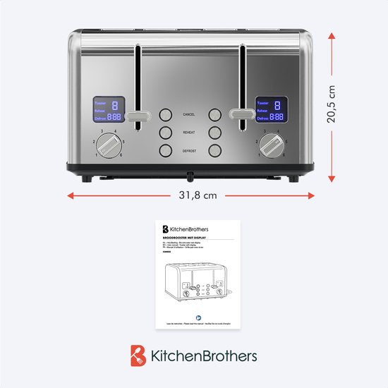 KitchenBrothers Toaster - Grille-pain - 6 niveaux de chaleur - 4 fentes extra-larges - 1630W - inox/Argent