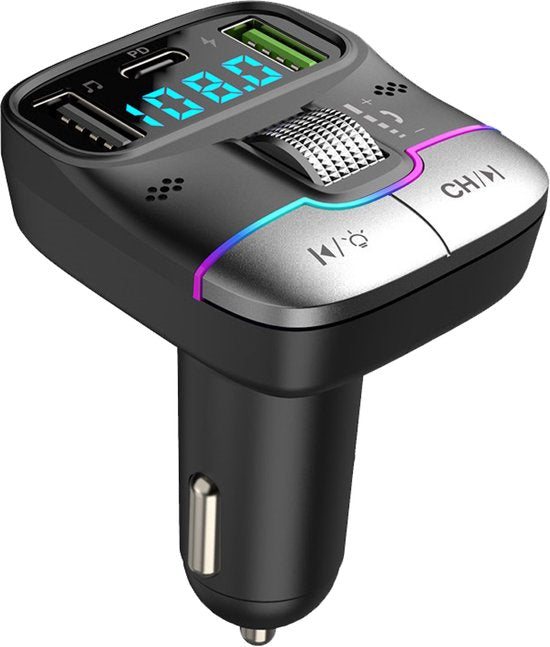Audyn Bluetooth FM Transmitter - USB-A & USB-C - Récepteur Bluetooth - Chargeur rapide - Chargeur voiture - Carkit - Accessoires voiture - RGB
