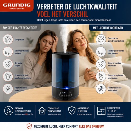 Humidificateur Grundig HD-1903A - Humidificateur à ultrasons 4,3 L - avec minuterie et veilleuse - Télécommande incluse - Noir