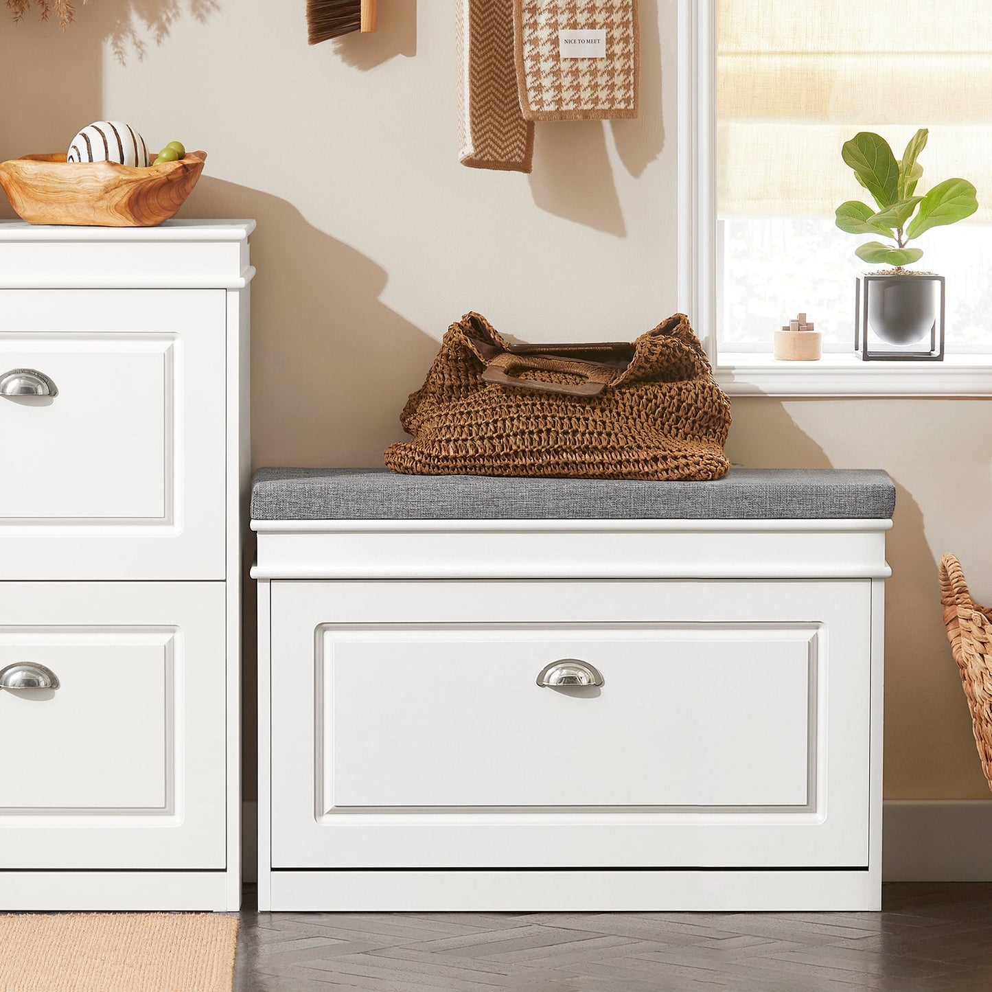 SoBuy Banc à chaussures avec rangement et coussin d'assise - blanc - 75 x 24 x 51 cm - Meuble d'entrée compact avec rabat