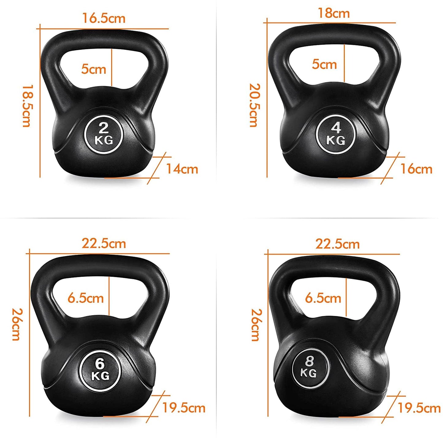 Ensemble de kettlebells Yaheetech 2 kg, 4 kg, 6 kg et 8 kg - Noir - Plastique et béton - 16,5 x 14 x 18,5 cm à 22,5 x 19,5 x 26 cm