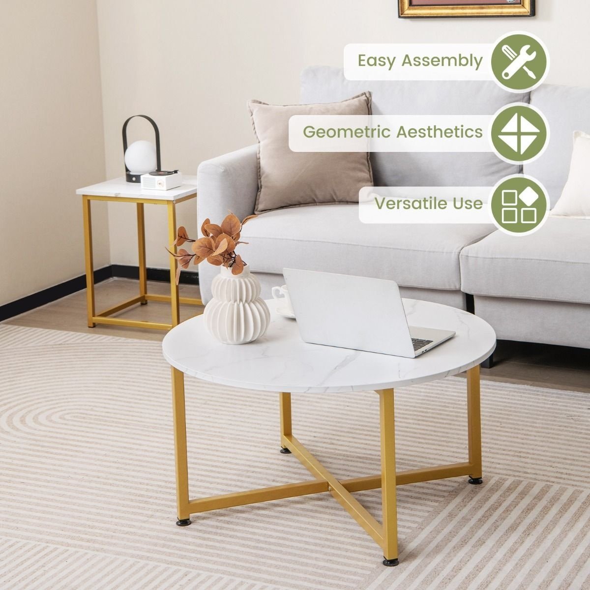 Coast 3-Piece Coffee Table Set - White/Gold - Round 80x42cm - Square 40x40x50cm
