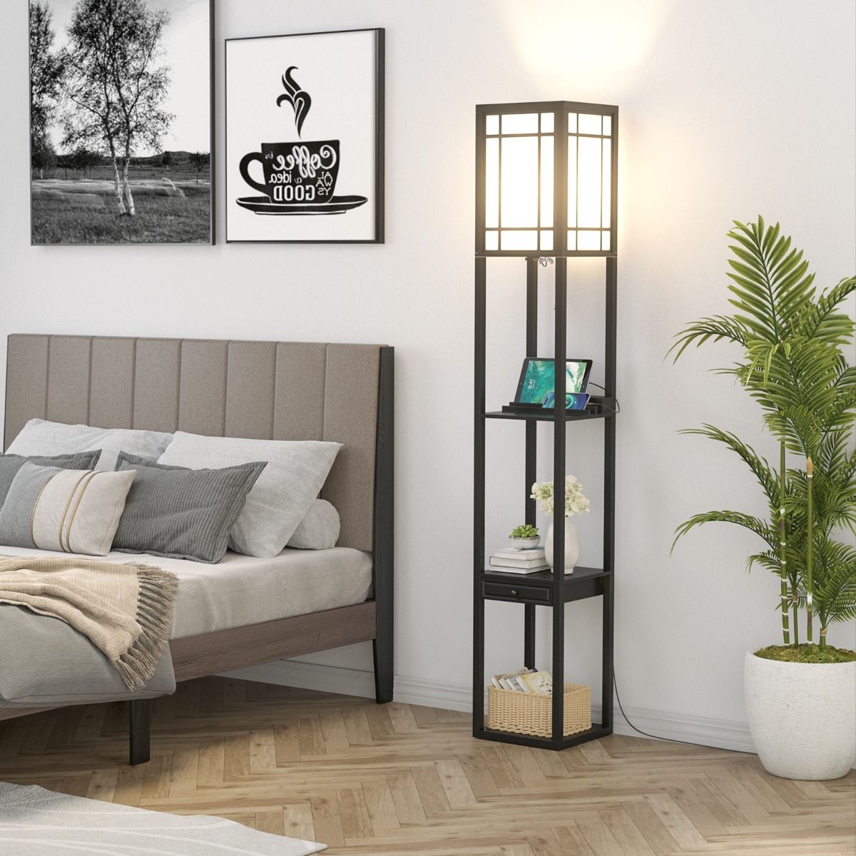 Lampadaire côtier avec 3 compartiments ouverts - 2 ports USB - 26 x 26 x 161 cm - Noir