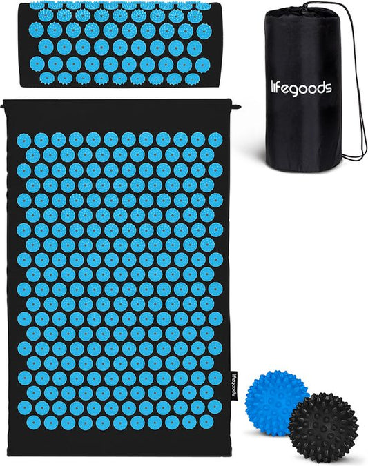 Tapis d'acupression avec coussin - LifeGoods - Tapis Shakti - Tapis avec 2 balles pour les points de déclenchement - 66x40x2cm - Noir/Turquoise