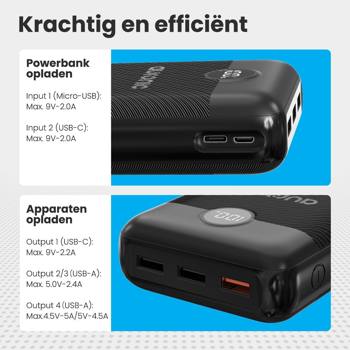 Batterie externe - Auronic - 30 000 mAh - 4 ports de charge - Charge rapide - USB/Micro-USB/USB-C - Noir