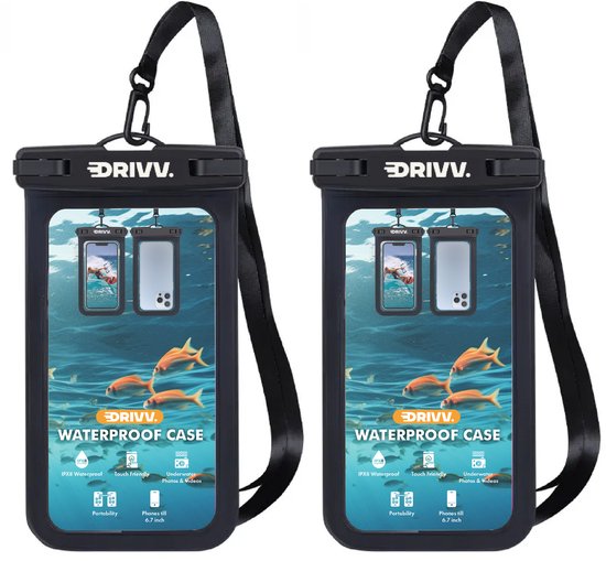 Drivv. Étui étanche pour téléphone – Lot de 2 - Double fermeture à clip - Jusqu'à 6,7 pouces – Étui sous-marin pour téléphone - Noir