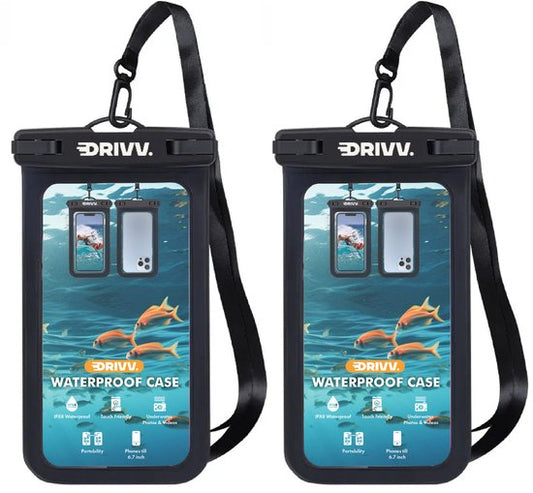 Drivv. Étui étanche pour téléphone – Lot de 2 - Double fermeture à clip - Jusqu'à 6,7 pouces – Étui sous-marin pour téléphone - Noir