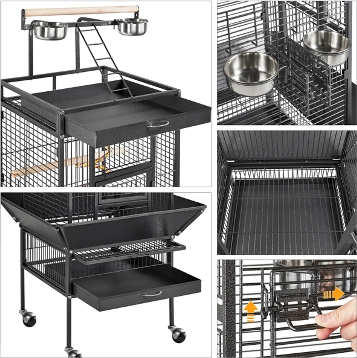 Yaheetech Cage pour perroquets avec plateau de jeu - équipée d'un collecteur de graines, de tiroirs à fumier extensibles et de portes d'alimentation - pour perruches et perroquets - Fer noir poudré - 65,5 x 65,5 x 156 cm