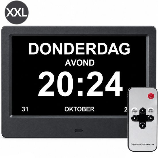 Horloge Brixy pour personnes atteintes de démence XXL - 24 fonctions d'alarme - Télécommande incluse - Fonction de gradation automatique - Horloge-calendrier - Noir