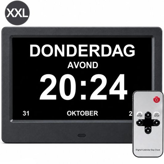 Horloge Brixy pour personnes atteintes de démence XXL - 24 fonctions d'alarme - Télécommande incluse - Fonction de gradation automatique - Horloge-calendrier - Noir