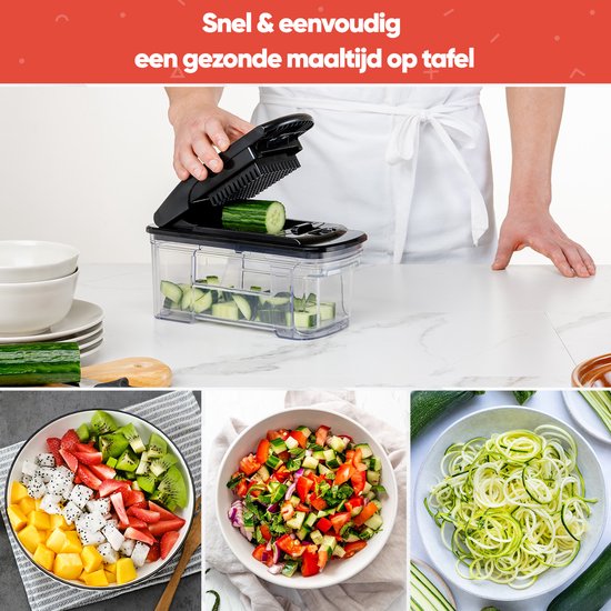Mandoline Stosh - Coupe-légumes - Coupe-oignons - Coupe-légumes en spirale - Coupe-frites - Râpe - 6 pièces - Noir - Acier inoxydable - Sans BPA