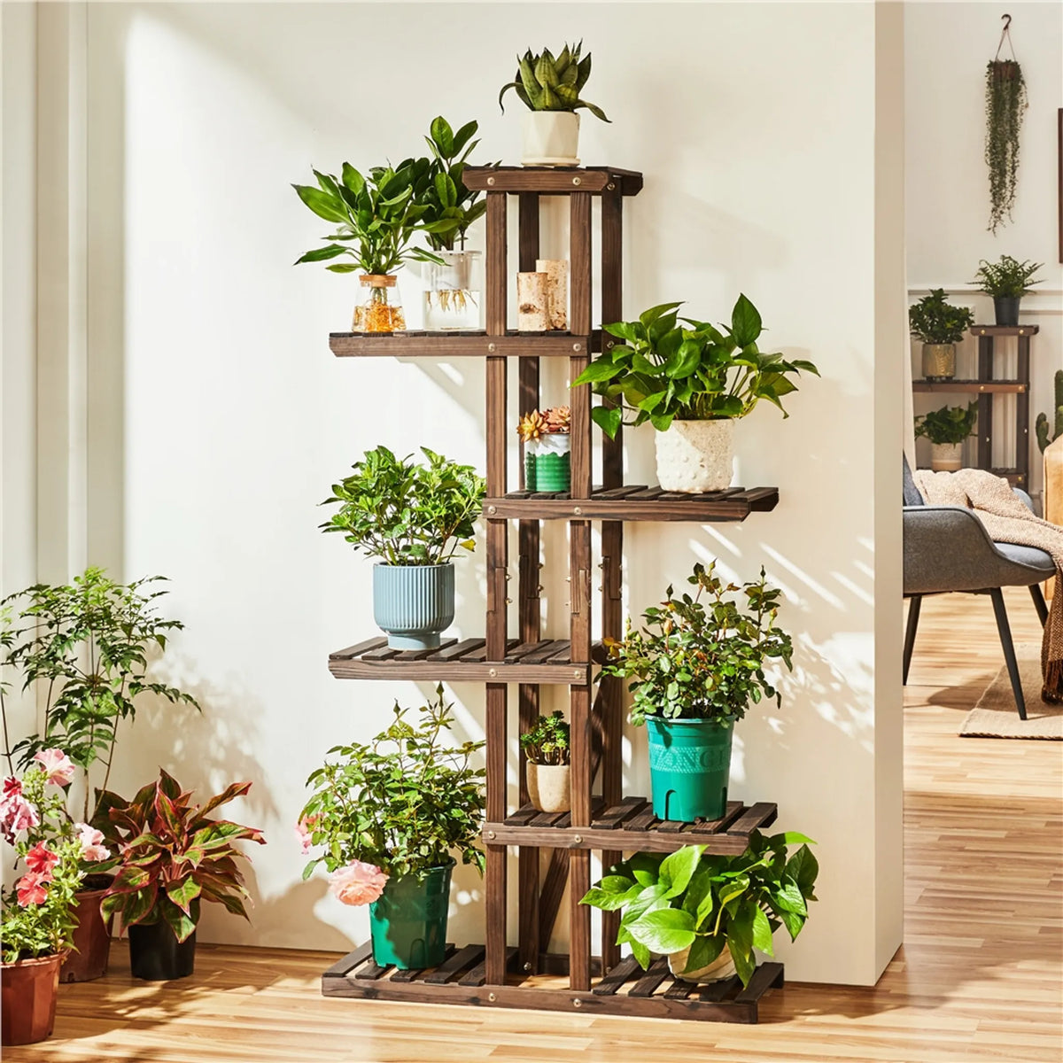Yaheetech : étagère à plantes à 6 niveaux pour l'intérieur et l'extérieur, 140 cm de haut – marron – bois de sapin et métal