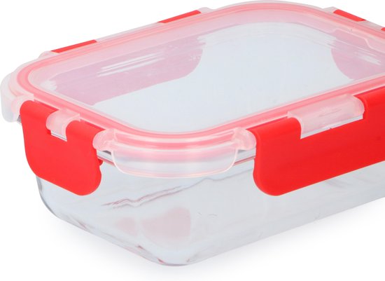 Boîte de conservation Alpina - 390 ml - Verre borosilicaté - Convient au congélateur, au micro-ondes, au four et au lave-vaisselle - 15,5 x 11,5 x 5,5 cm - Transparent/Rouge