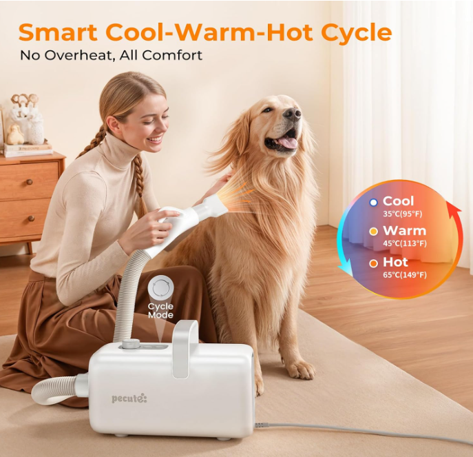 Sèche-cheveux pour animaux de compagnie Pecute MAS-520 - Blanc et gris - 4 embouts - Air chaud et froid