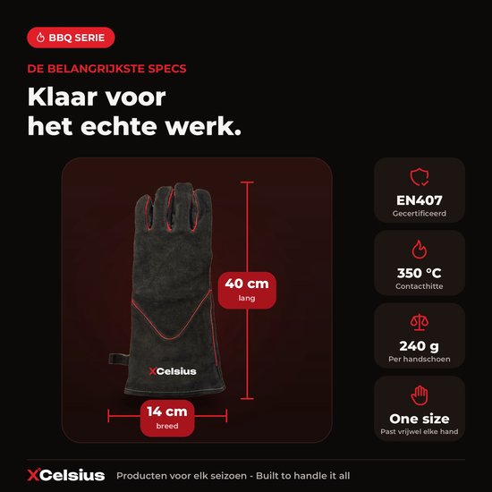 Gants de barbecue XCelsius® en cuir refendu – Certifiés TÜV EN407 – Gants de barbecue et de four résistants à la chaleur – Pour kamado, fonte, grilles et déflecteurs de chaleur – Cadeaux pour hommes – 1 paire – Noir et rouge