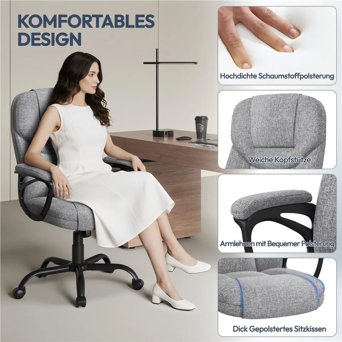 Chaise de bureau ergonomique avec accoudoirs, pivotante à 360°, réglable en hauteur et dotée d'une fonction de balancement, grise