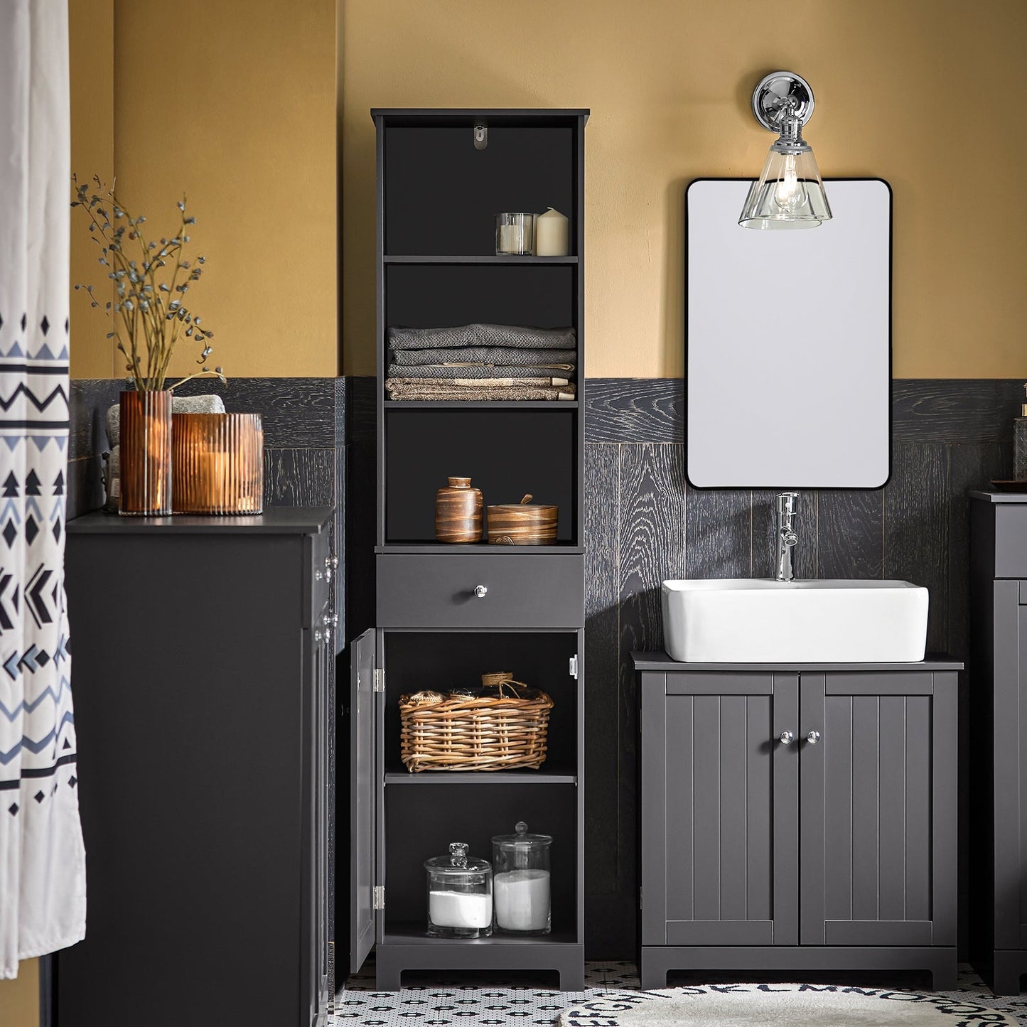 SoBuy Meuble de salle de bain - 3 étagères - 1 porte - 40 x 35 x 161 cm - Gris foncé