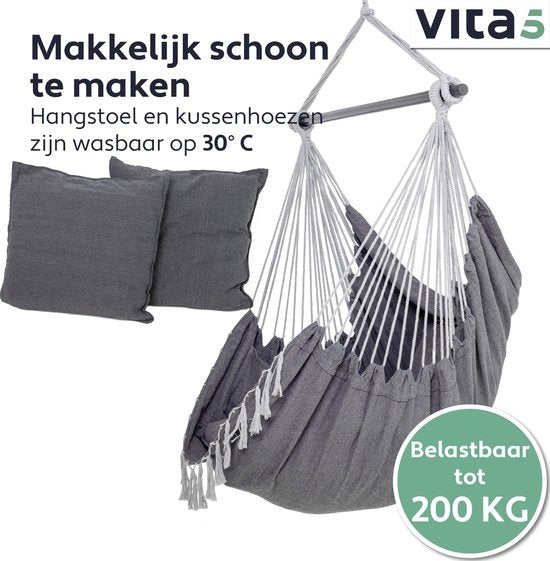 Vita5 XXL Hamac Chair | Nid suspendu intérieur/extérieur | 2 coussins et boîte à livres inclus | Adultes et enfants | Hamac Chair jusqu'à 200kg | Gris foncé
