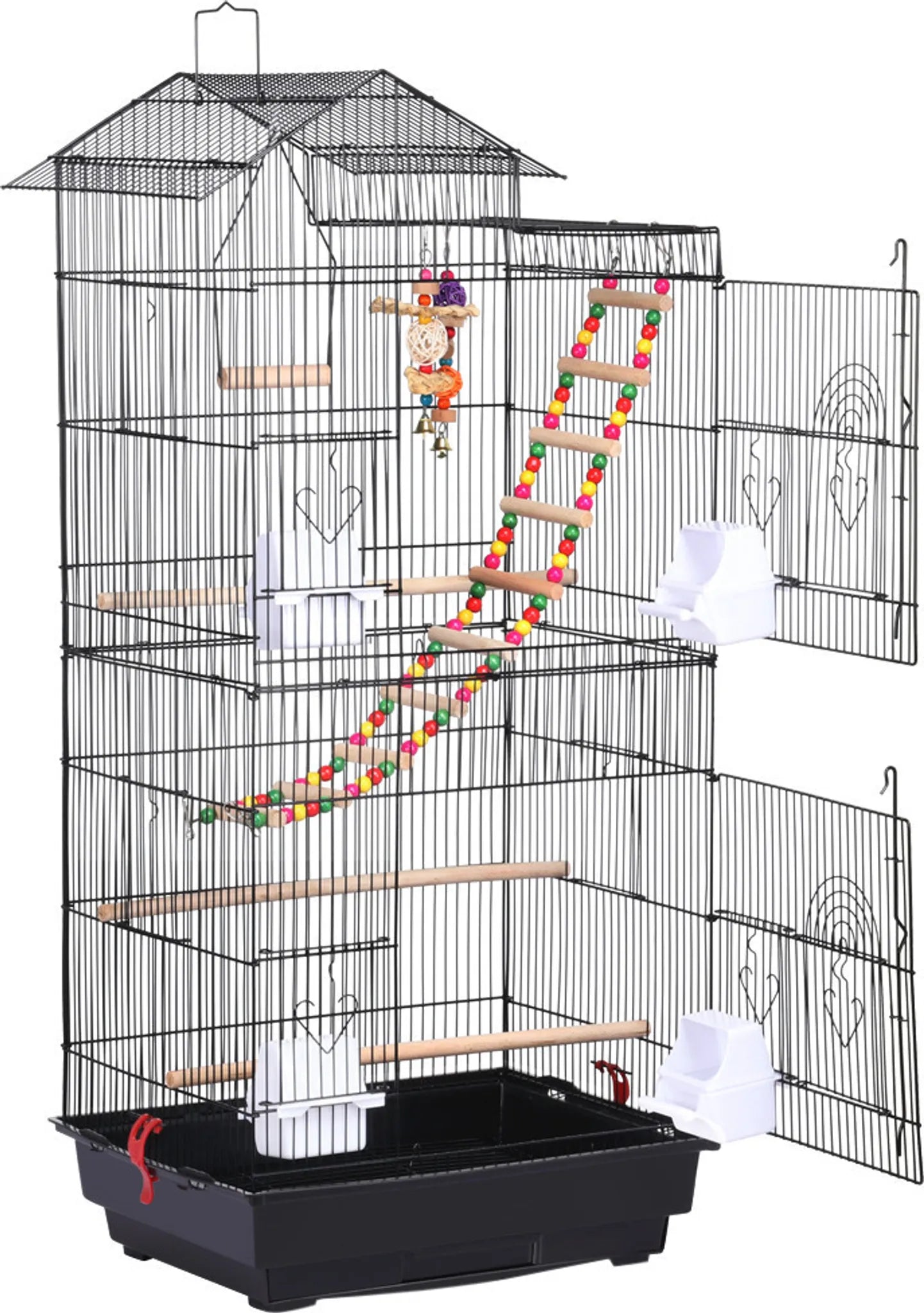 Yaheetech Cage à oiseaux avec aire de jeu - 46 x 35,5 x 99 cm - avec plaque de fond amovible et fermetures en fil de fer et ensemble complet d'accessoires - pour perruches et canaris - métal noir et bois