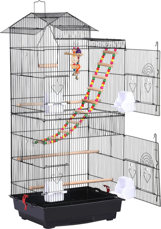 Yaheetech Cage à oiseaux avec aire de jeu - 46 x 35,5 x 99 cm - avec plaque de fond amovible et fermetures en fil de fer et ensemble complet d'accessoires - pour perruches et canaris - métal noir et bois