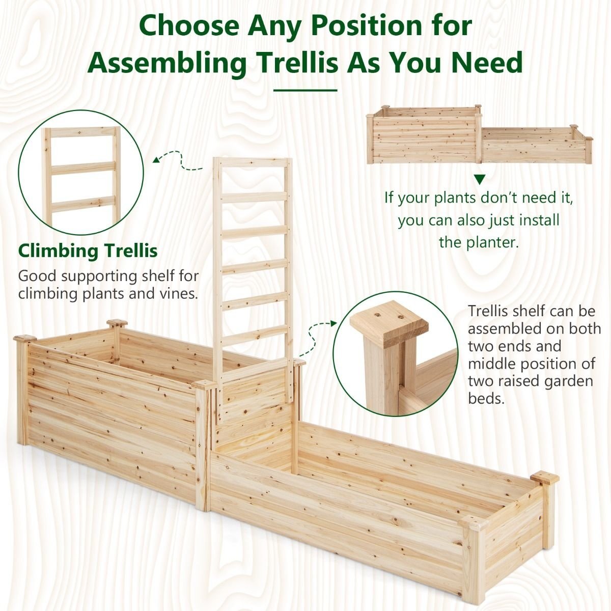 Jardinière Coast - 2 bacs et 1 support pour plantes grimpantes - Fond ouvert - 223 x 64 x 134 cm - Bois de pin