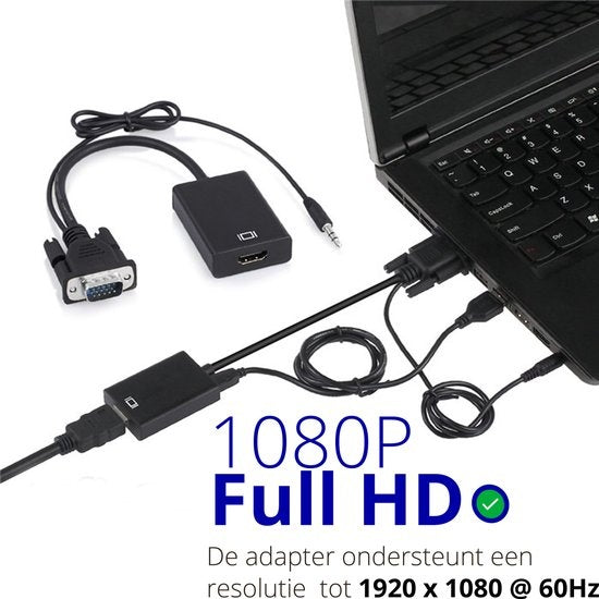 Techvavo® Adaptateur VGA (+ Audio) vers HDMI Convertisseur Universel - Avec Jack 3.5MM Aux & Câble d'alimentation USB - Convertisseur Vidéo Analogique Vers Numérique - Mâle Vers Femelle - 1080P Full HD - inclut un câble d'alimentation USB