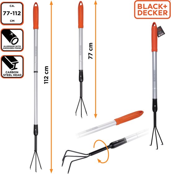 BLACK+DECKER Cultivateur - Manche télescopique 77 - 112 CM - 3 dents - Aluminium/ acier carbone